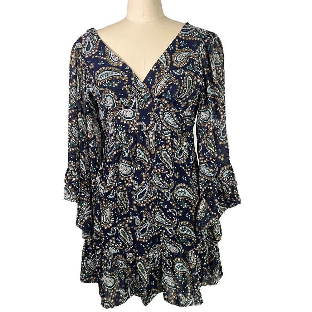 Betsey Johnson Bambi Style Dress Bell Sleeves Navy Blue Paisley Print, Size 2
